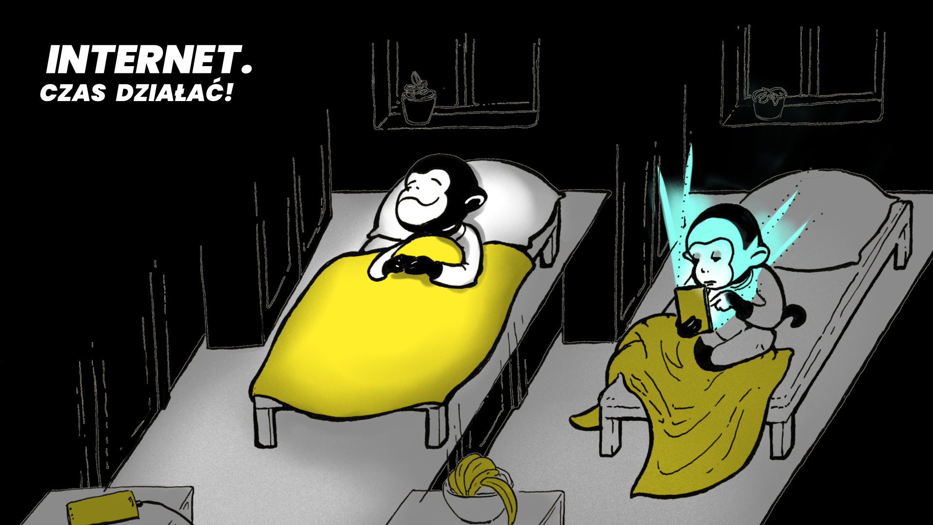 Grafika dwóch małpek, jedna śpi, druga przegląda w nocy telefon